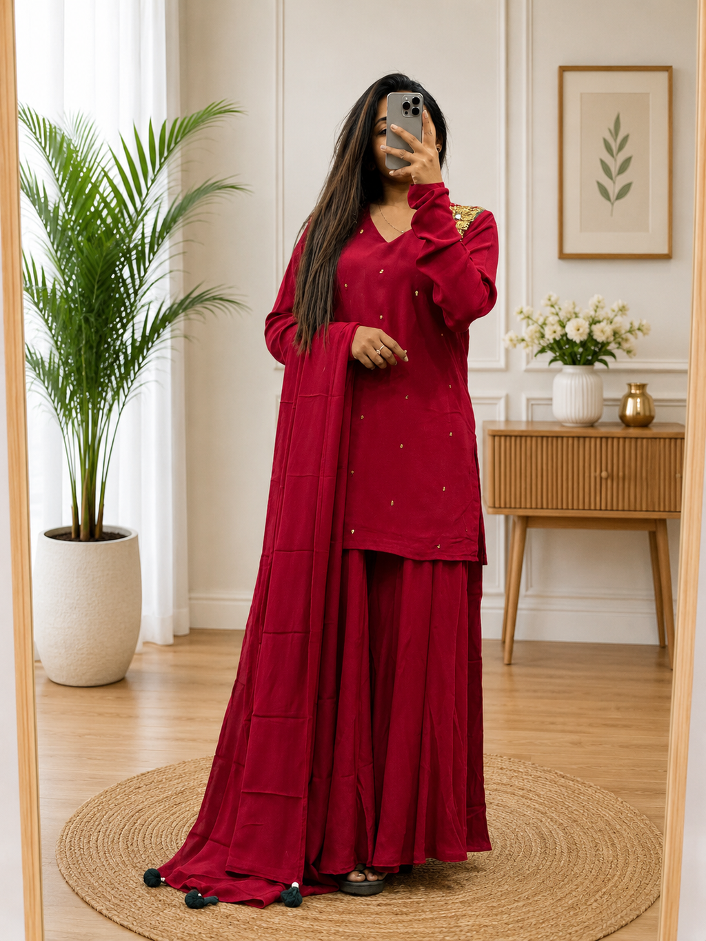 Women Cherry Color Western Look Short Top Plazo Dupatta Set With Metal Work For  Women | Elegant Festive Ethnic Wear