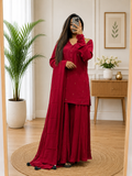 Women Cherry Color Western Look Short Top Plazo Dupatta Set With Metal Work For  Women | Elegant Festive Ethnic Wear