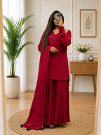 Women Cherry Color Western Look Short Top Plazo Dupatta Set With Metal Work For  Women | Elegant Festive Ethnic Wear
