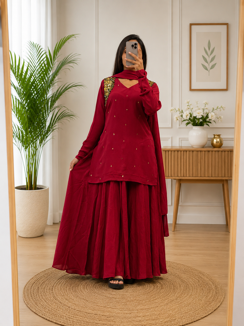 Women Cherry Color Western Look Short Top Plazo Dupatta Set With Metal Work For  Women | Elegant Festive Ethnic Wear