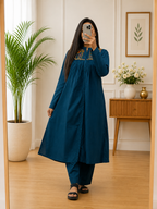 Teal Blue Cotton A-Line Kurta Plazo Set With Thread Work | Gopi Designer Studio