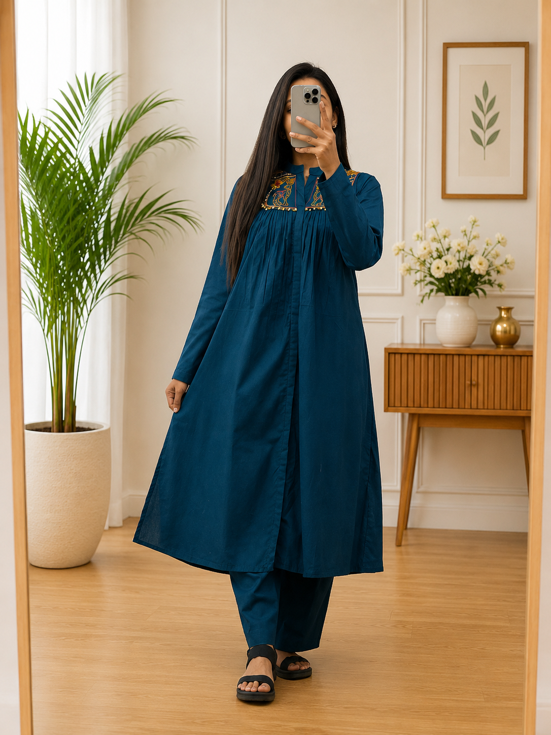 Teal Blue Cotton A-Line Kurta Plazo Set With Thread Work | Gopi Designer Studio