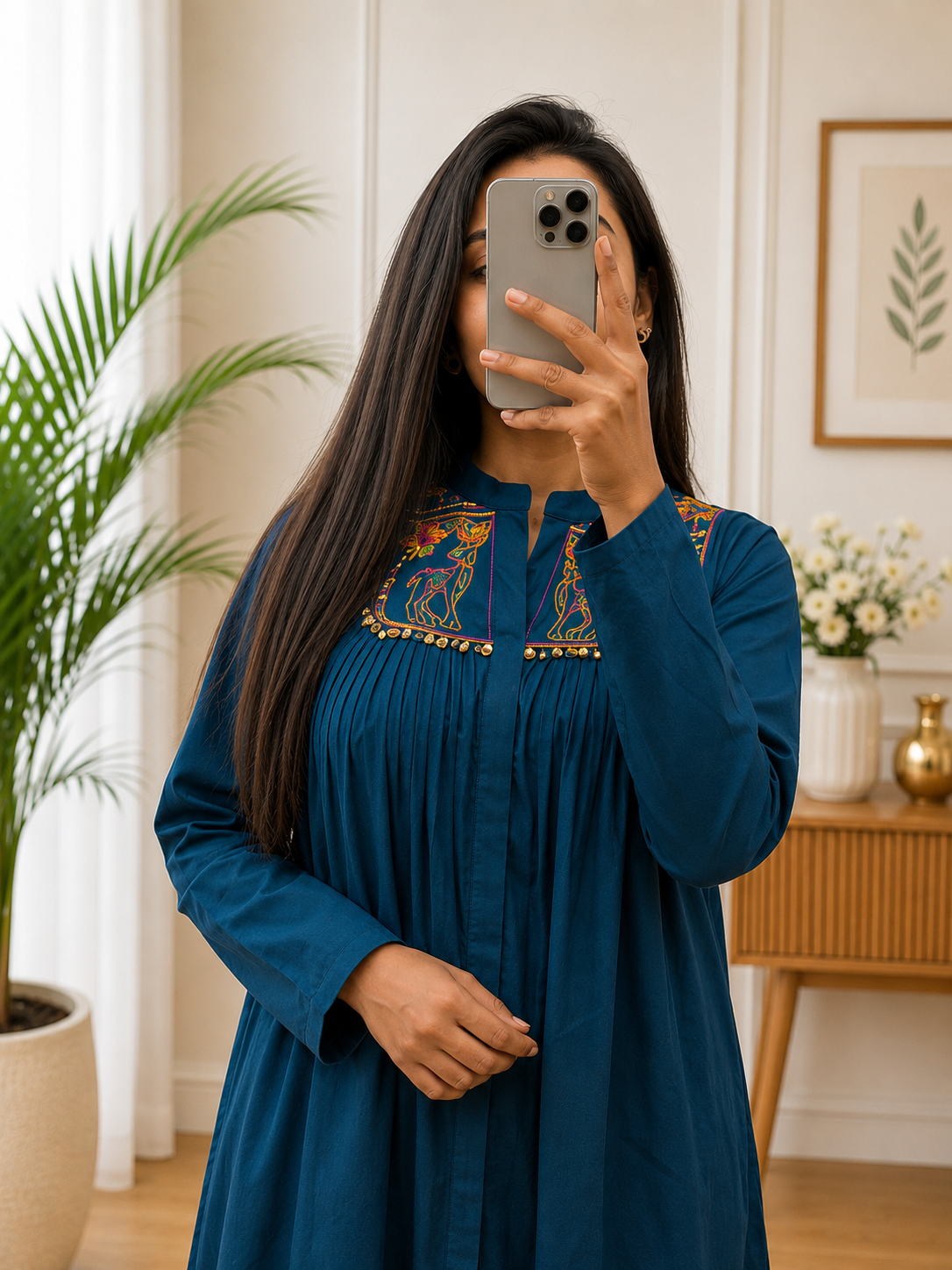 Teal Blue Cotton A-Line Kurta Plazo Set With Thread Work | Gopi Designer Studio