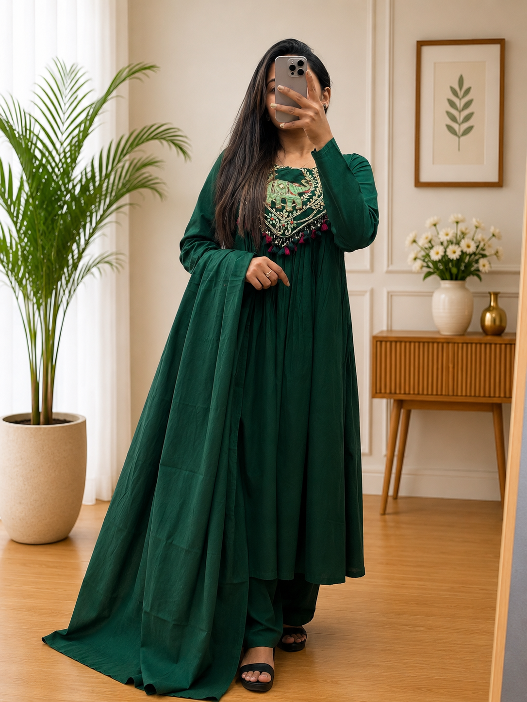 Dark Green A-Line Cotton  Kurta Plazo Dupatta Set with Heritage Hand Work for Women | Gopi Designer Studio