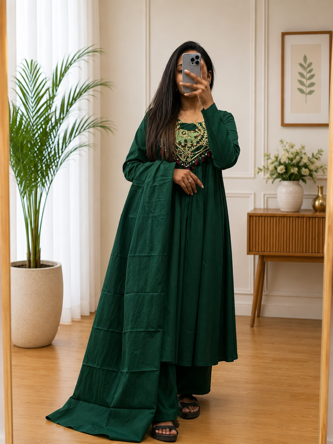 Dark Green A-Line Cotton  Kurta Plazo Dupatta Set with Heritage Hand Work for Women | Gopi Designer Studio