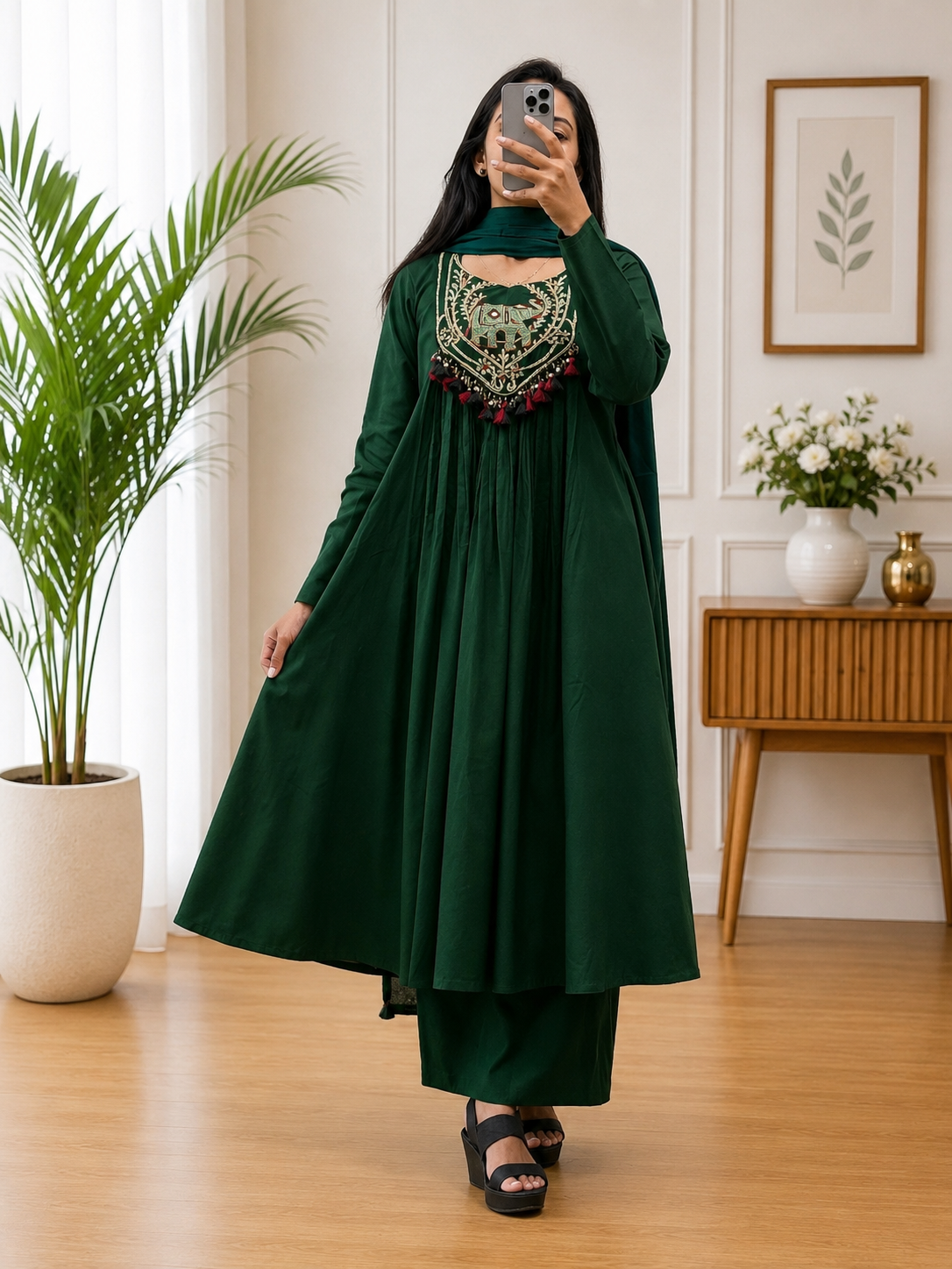 Dark Green A-Line Cotton  Kurta Plazo Dupatta Set with Heritage Hand Work for Women | Gopi Designer Studio