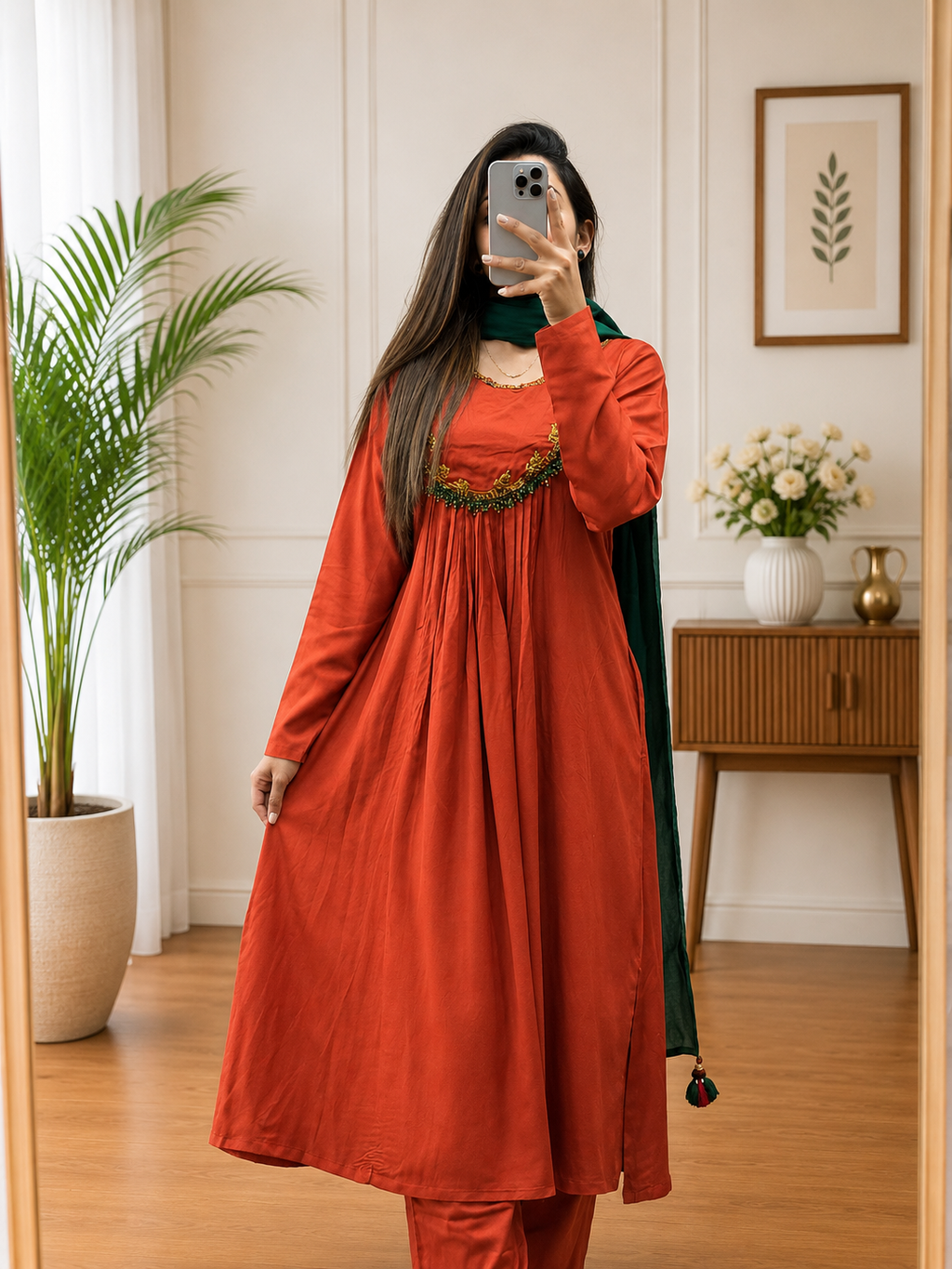 Rust Orange Gazi Silk Kurta Plazo Dupatta Set With Heritage Hand Work Tassles Look for Women | Elegant Ethnic Wear