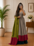 Women's Grey Anarkali Kurta Plazo Set with Olive Green Dupatta | Elegant Ethnic Wear