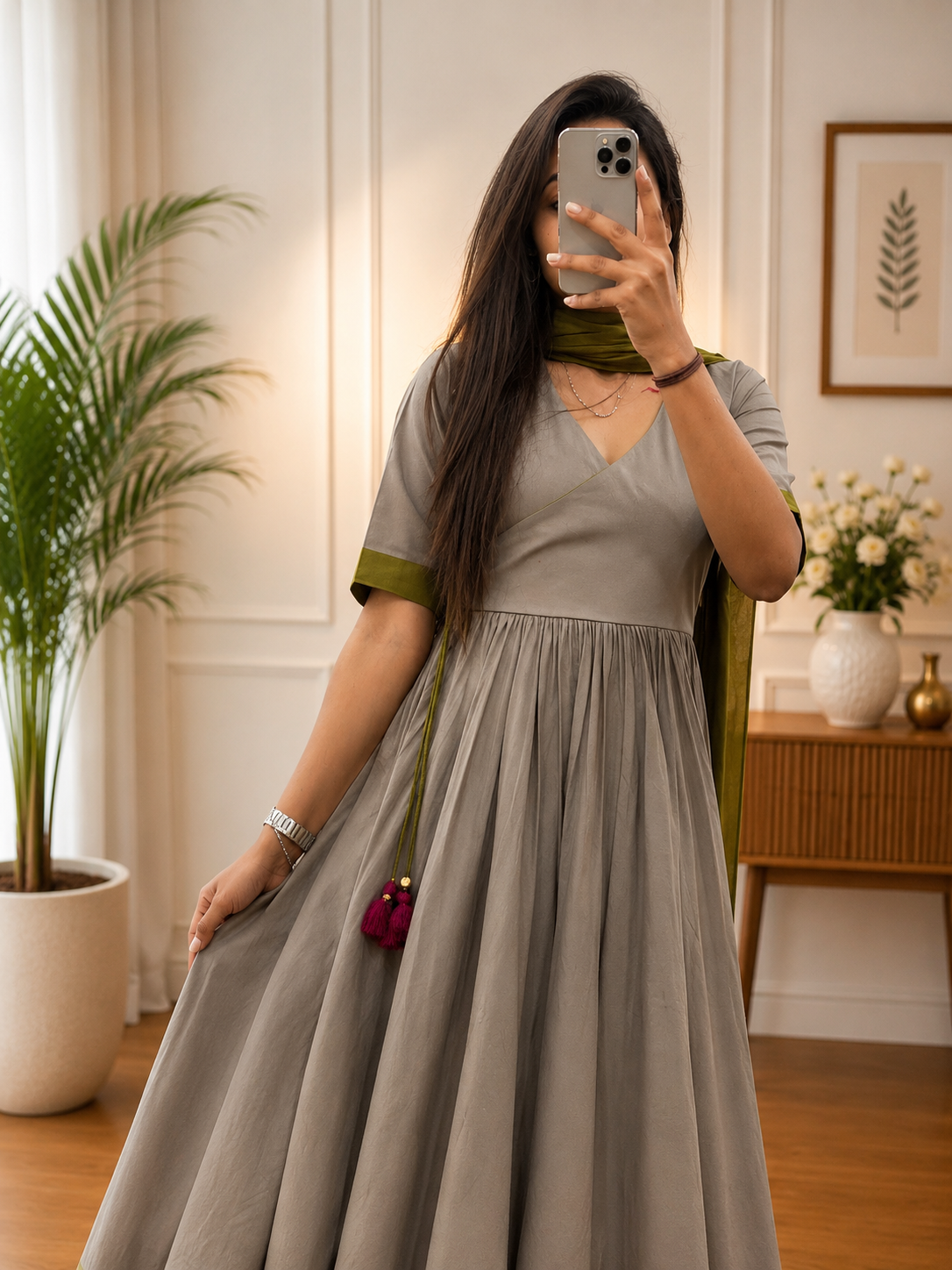 Women's Grey Anarkali Kurta Plazo Set with Olive Green Dupatta | Elegant Ethnic Wear