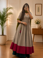 Women's Grey Anarkali Kurta Plazo Set with Olive Green Dupatta | Elegant Ethnic Wear