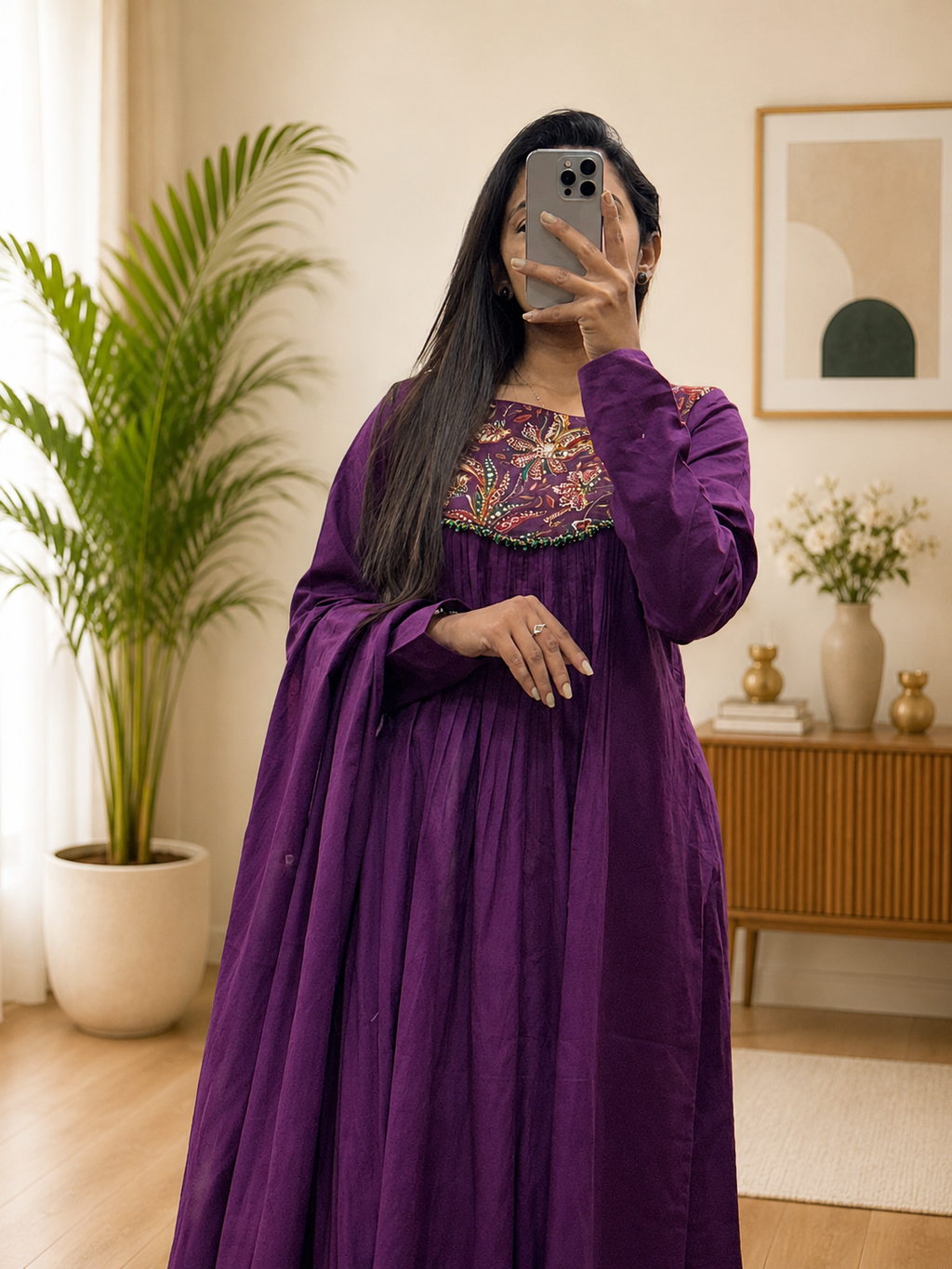 Purple Cotton A-Line Kurta Plazo Dupatta Set With Printed Hand Work | Gopi Designer Studio