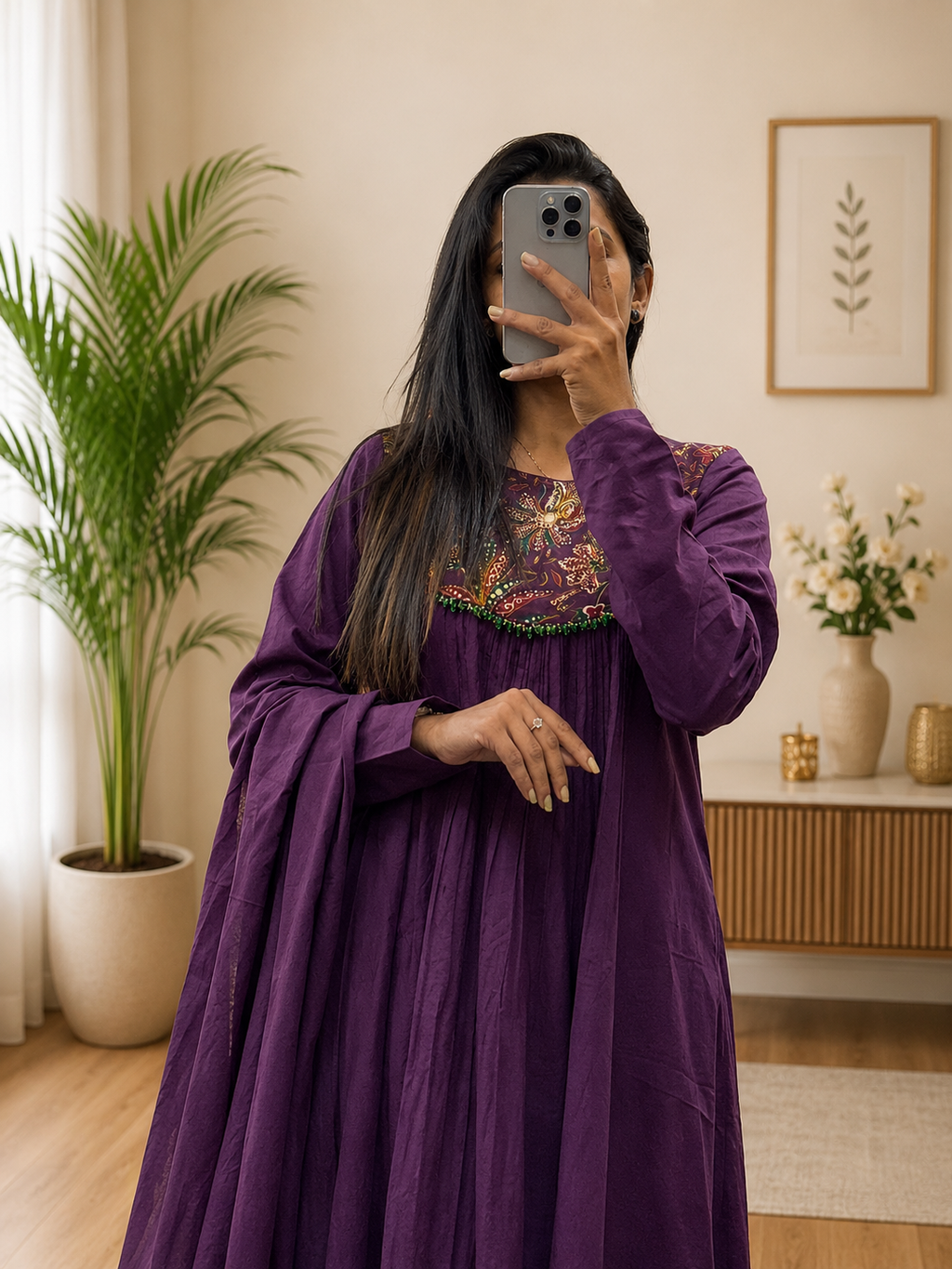 Purple Cotton A-Line Kurta Plazo Dupatta Set With Printed Hand Work | Gopi Designer Studio
