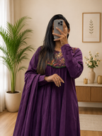 Purple Cotton A-Line Kurta Plazo Dupatta Set With Printed Hand Work | Gopi Designer Studio