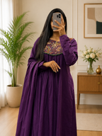 Purple Cotton A-Line Kurta Plazo Dupatta Set With Printed Hand Work | Gopi Designer Studio