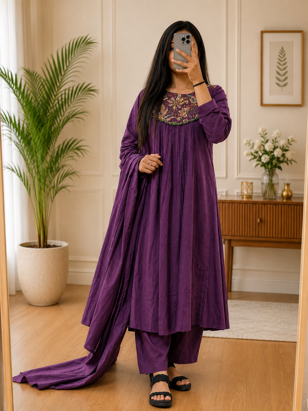 Purple Cotton A-Line Kurta Plazo Dupatta Set With Printed Hand Work | Gopi Designer Studio