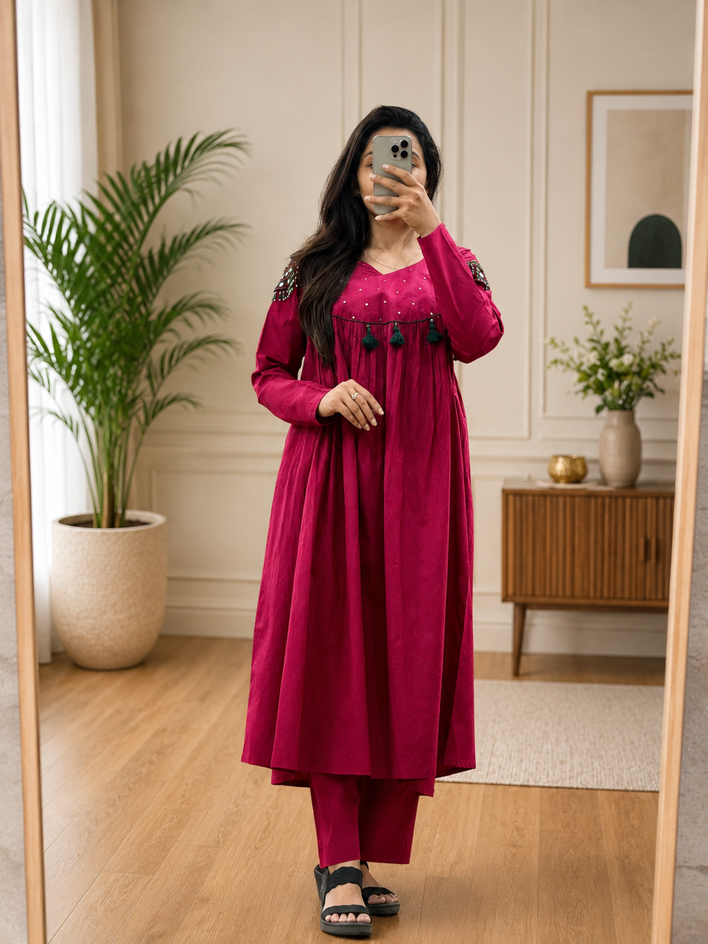 Women's Cherry Color Cotton Kurta Plazo Set With Heritage Shoulder Work| Gopi Designer studio