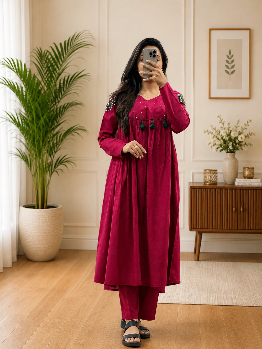 Women's Cherry Color Cotton Kurta Plazo Set With Heritage Shoulder Work| Gopi Designer studio
