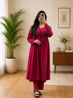 Women's Cherry Color Cotton Kurta Plazo Set With Heritage Shoulder Work| Gopi Designer studio