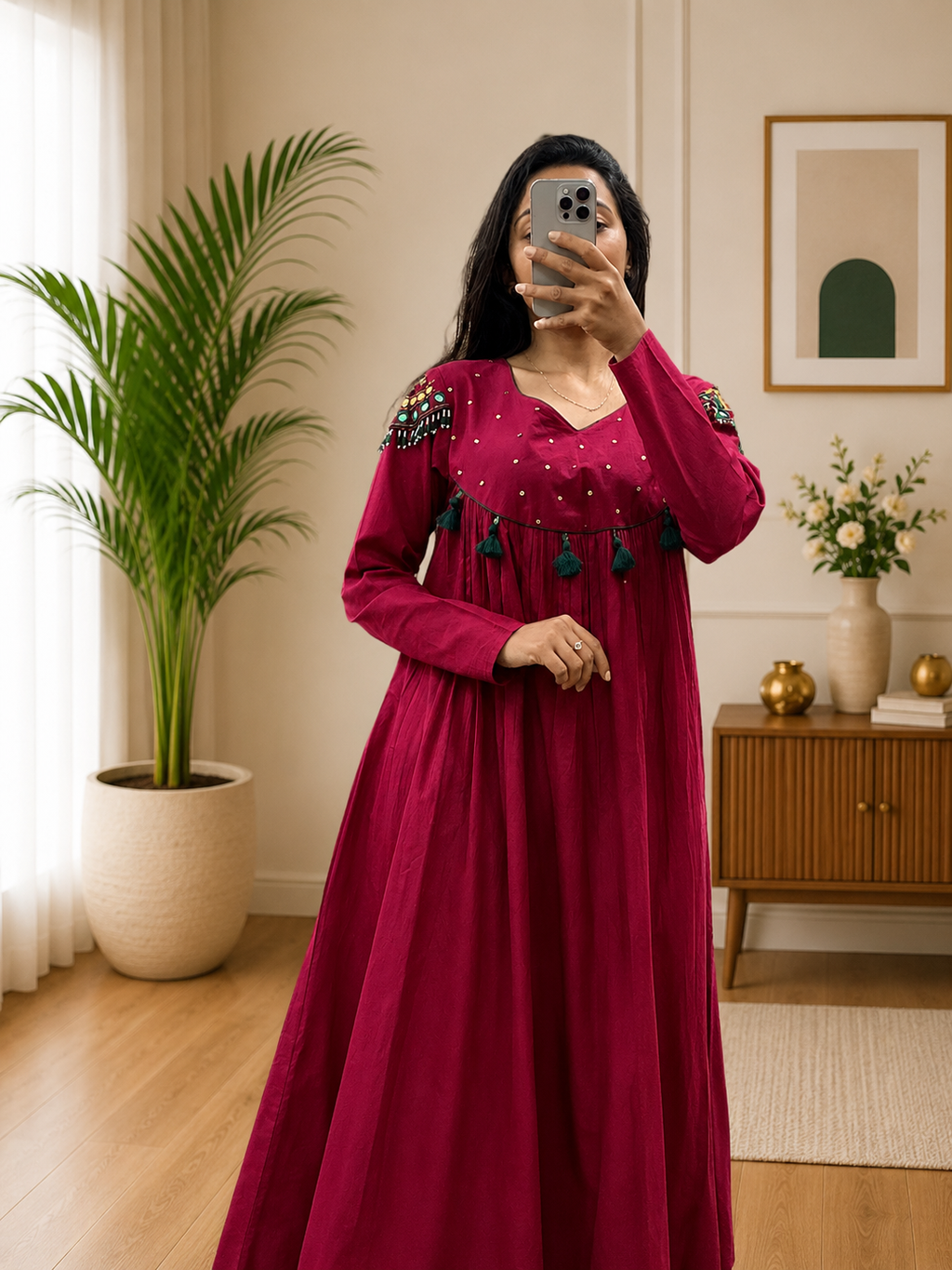 Women's Cherry Color Cotton Kurta Plazo Set With Heritage Shoulder Work| Gopi Designer studio