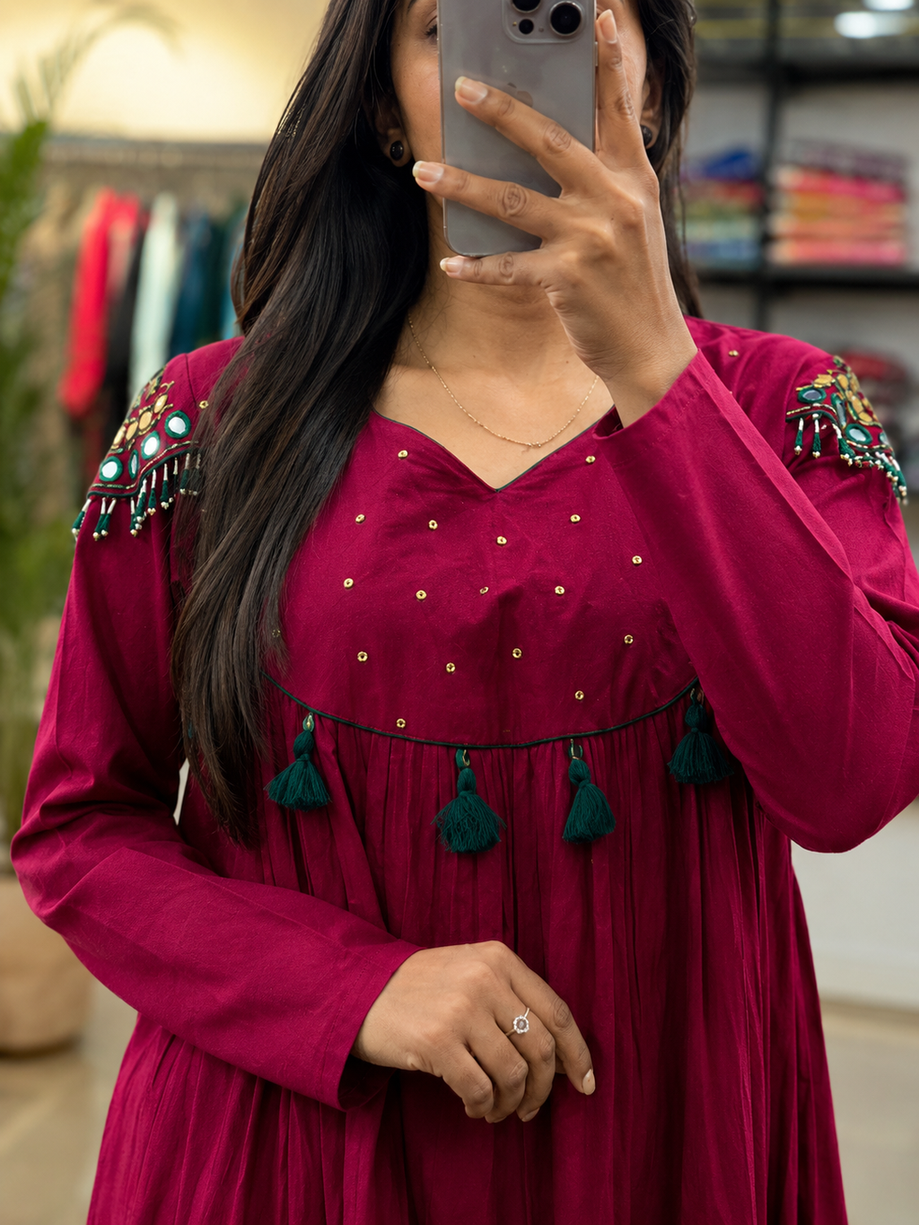 Women's Cherry Color Cotton Kurta Plazo Set With Heritage Shoulder Work| Gopi Designer studio