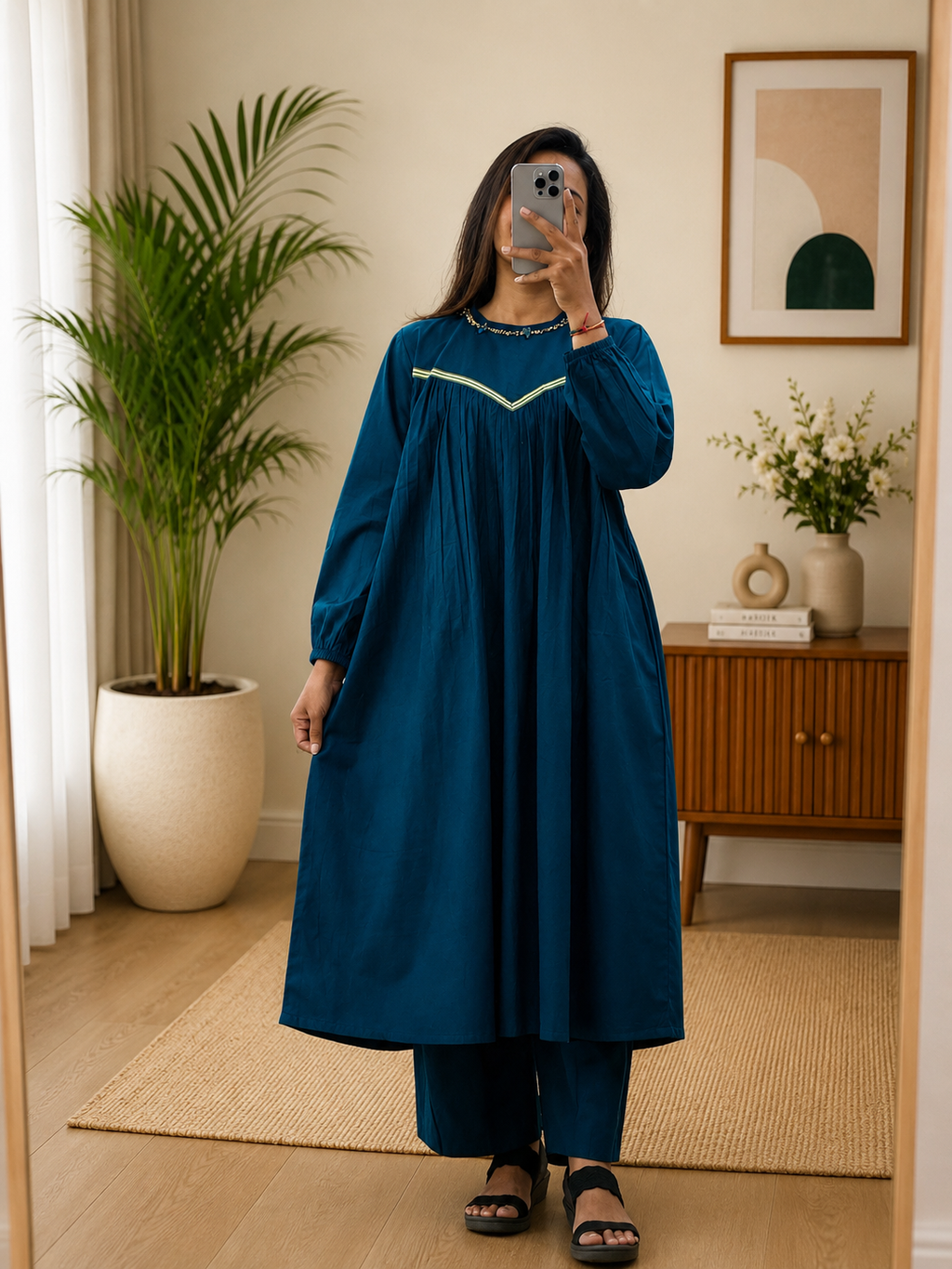 Indigo Cotton  Kurta Plazo Set With Beads Work | Gopi Designer Studio