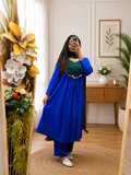 Royal Blue Cotton A-Line Kurta Plazo Dupatta Set with Tassels Look