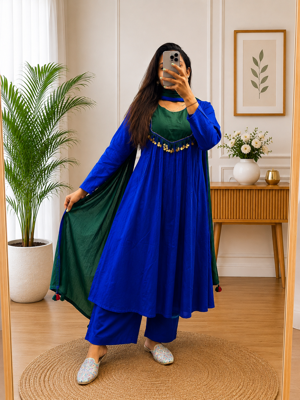 Royal Blue Cotton A-Line Kurta Plazo Dupatta Set with Tassels Look