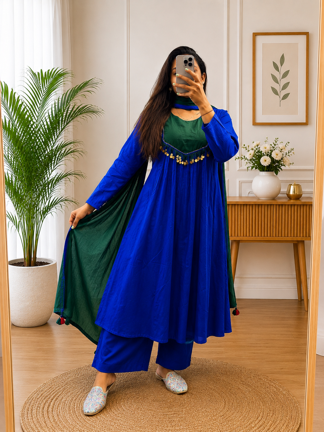 Royal Blue Cotton A-Line Kurta Plazo Dupatta Set with Tassels Look