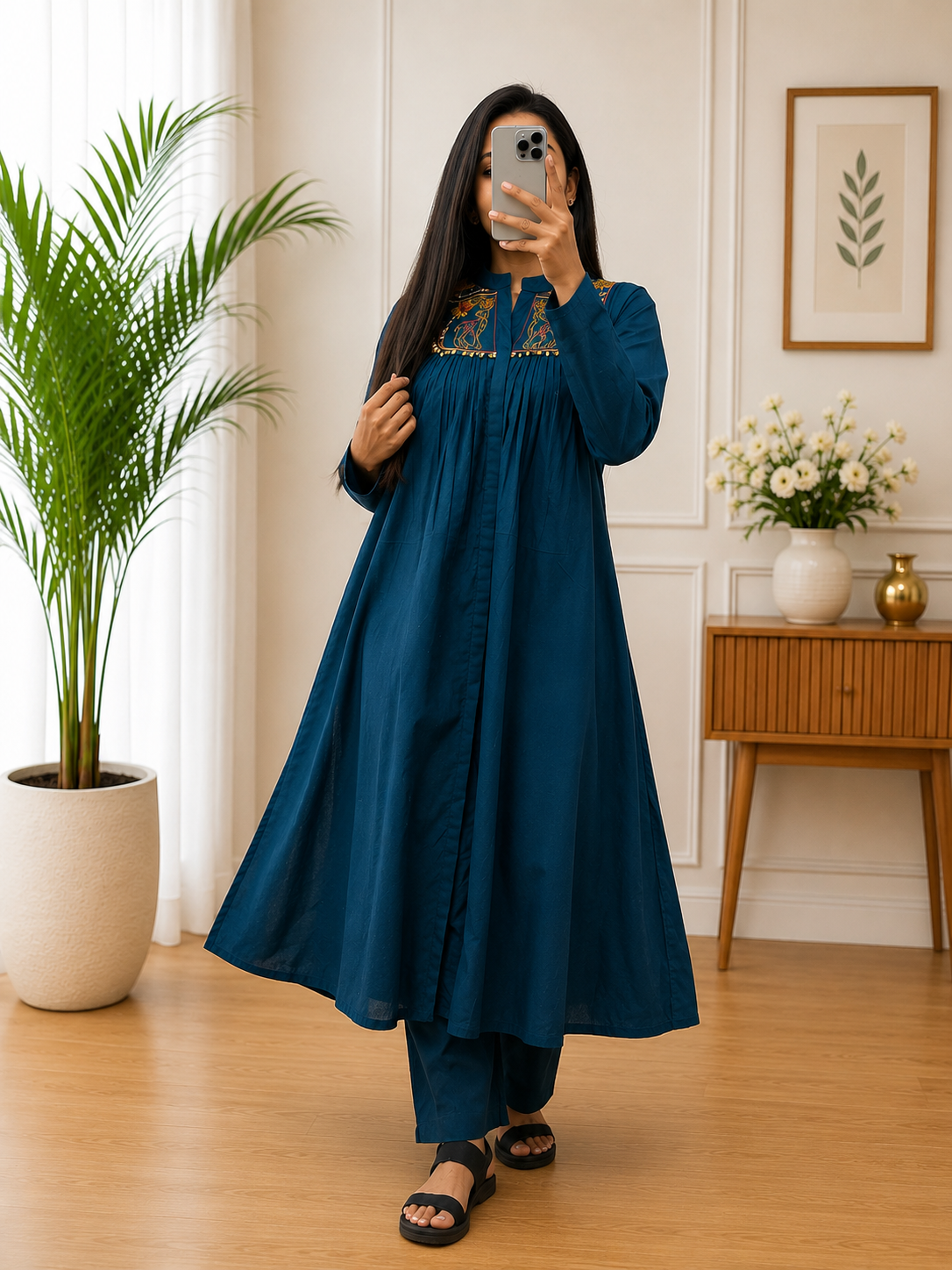 Teal Blue Cotton A-Line Kurta Plazo Set With Thread Work | Gopi Designer Studio