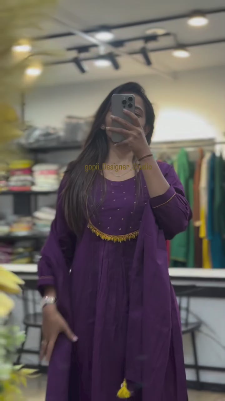 Purple Cotton A-Line Kurta Plazo Duppata Set with Tassles Look for Women